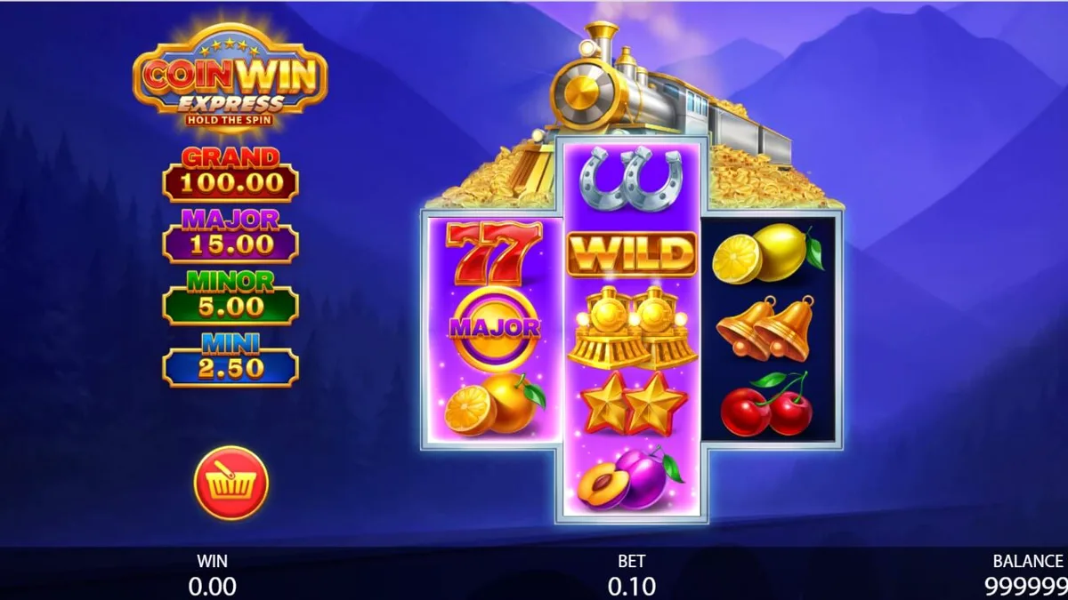 Tampilan visual slot Coin Win Express dengan tema kereta api dan simbol buah klasik